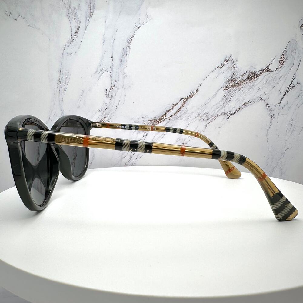 New Burberry Sunglasses Black Front Round Pantos Frame Checkered Arms Gray Lens - Picture 7 of 16